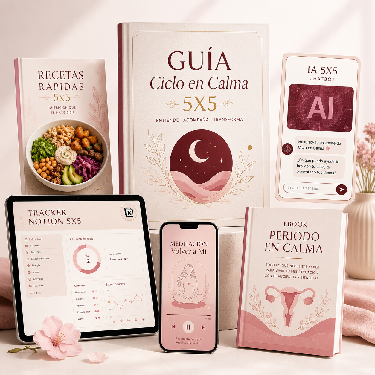 💗 KIT 5X5 "CICLO EN CALMA" + 5 BONUS (Meditación + Tracker + Recetario + Ebook + IA ChatGPT Experto)